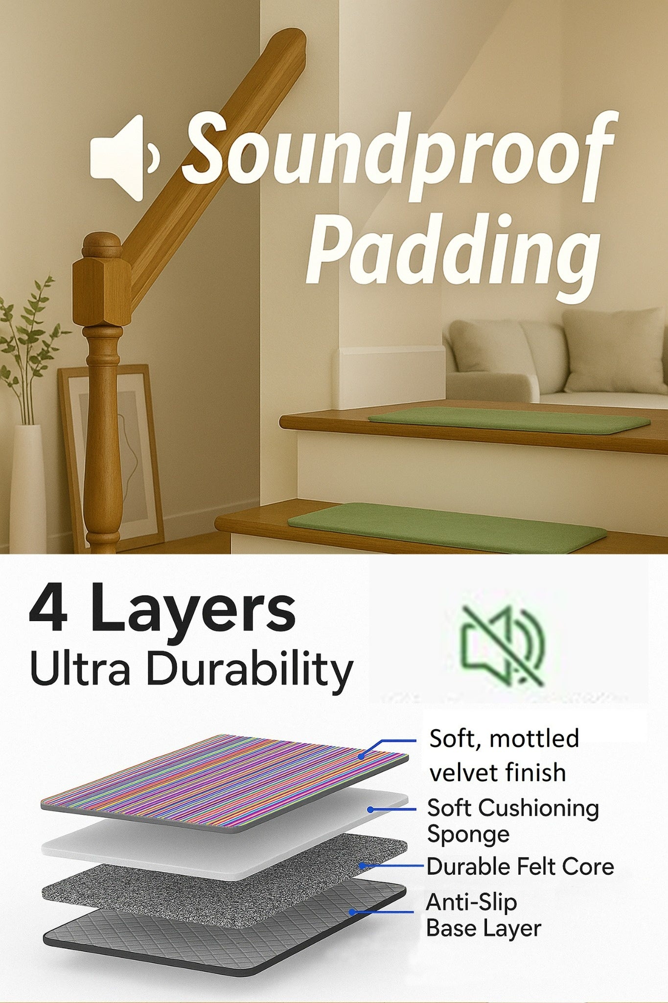 Soft Padded Velvet Stair Treads 30"x10" – Non Slip Carpet Strips for Indoor Stairs with Mottled Plush Surface, Rubber Backing, Felt Cushion – Washable, Trimmable, Safe for All Floors