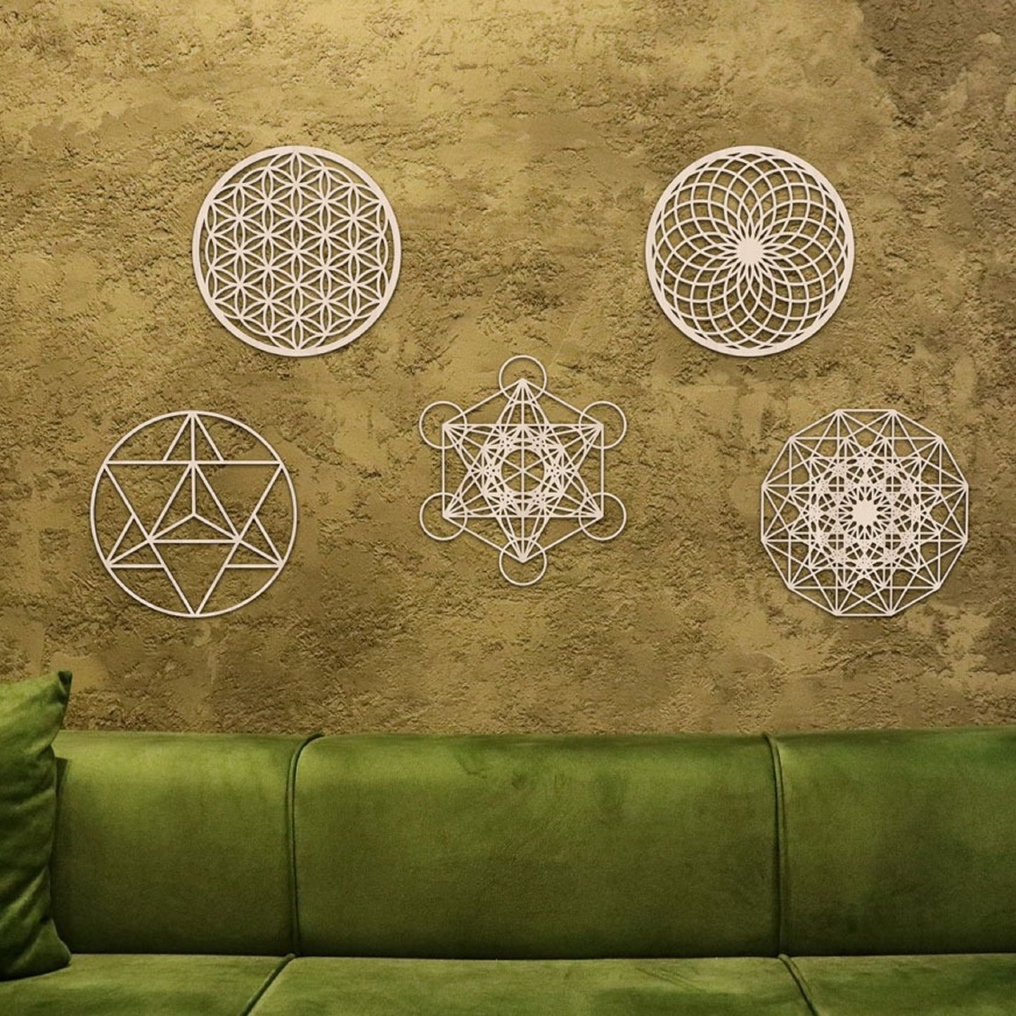 Sacred Geometry Wall Art, Set of 5, Flower of Life, Torus, Merkaba, Metatron's Cube, Hypercube Tesseract, Laser Cut Wood, Spiritual Gift