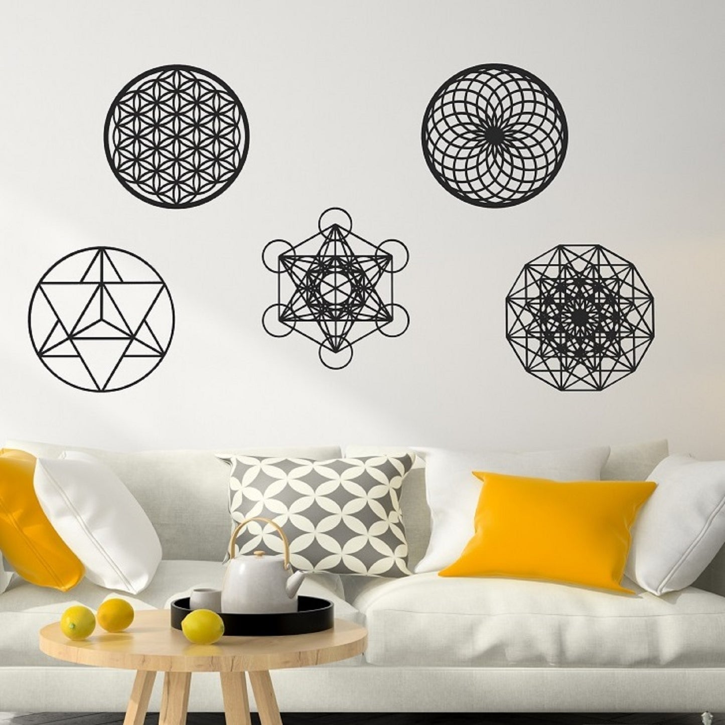 Sacred Geometry Wall Art, Set of 5, Flower of Life, Torus, Merkaba, Metatron's Cube, Hypercube Tesseract, Laser Cut Wood, Spiritual Gift