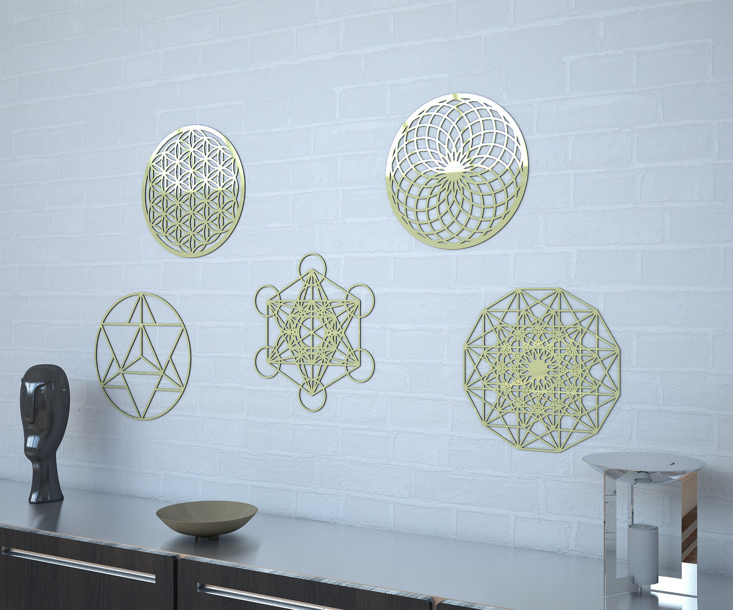 Sacred Geometry Wall Art, Set of 5, Flower of Life, Torus, Merkaba, Metatron's Cube, Hypercube Tesseract, Laser Cut Wood, Spiritual Gift