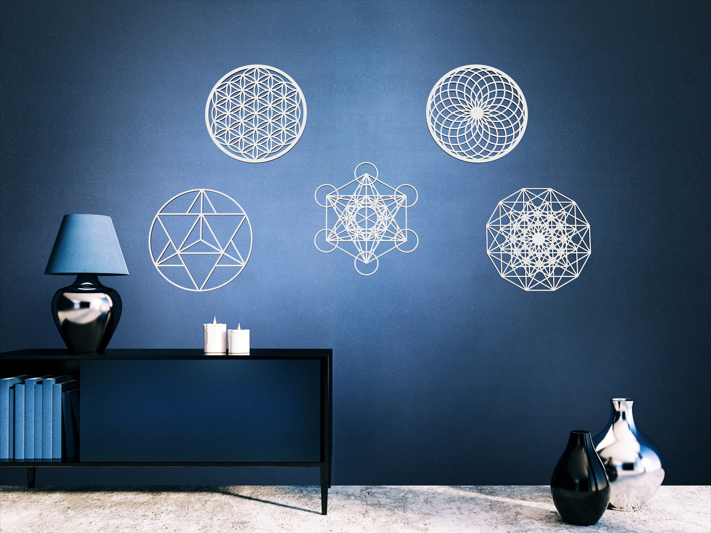 Sacred Geometry Wall Art, Set of 5, Flower of Life, Torus, Merkaba, Metatron's Cube, Hypercube Tesseract, Laser Cut Wood, Spiritual Gift