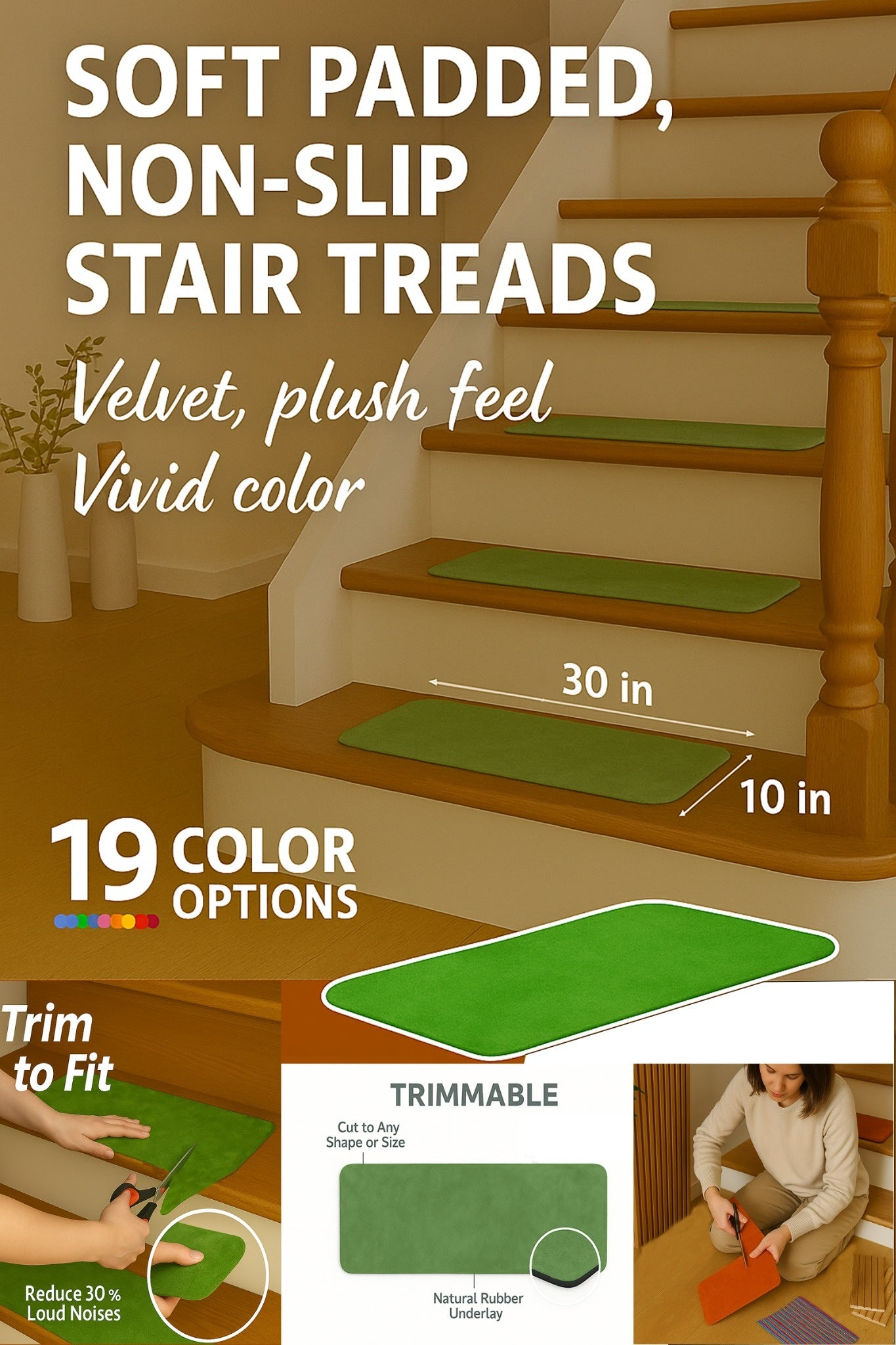 Soft Padded Velvet Stair Treads 30"x10" – Non Slip Carpet Strips for Indoor Stairs with Mottled Plush Surface, Rubber Backing, Felt Cushion – Washable, Trimmable, Safe for All Floors
